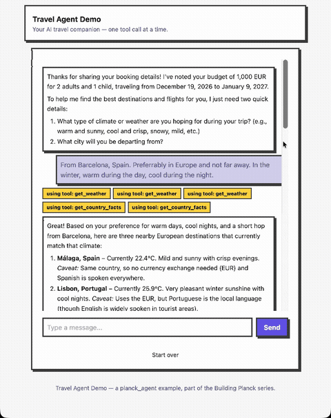 The travel agent demo interviewing a visitor, checking weather and country facts for a couple of candidate destinations, then searching flights